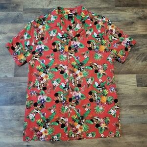 Disney Mickey Mouse Men's Red Hawaiian Surf Board Button Down Shirt Size L